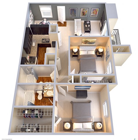 Floor plan for 2 beds, 2 baths, 952 sqft